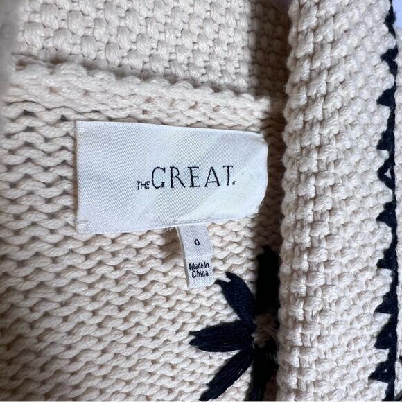 The Great. Daisy Lodge Knit Cardigan Embroidered Sweater in Cream/Black Sz 0/ XS - Picture 4 of 9